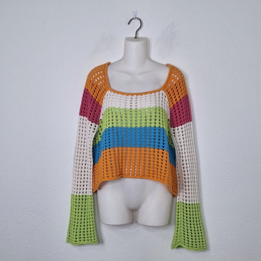Boho Multicolor Crochet Sweater Sz M Crop Open Knit Festival Hippie Retro 70s